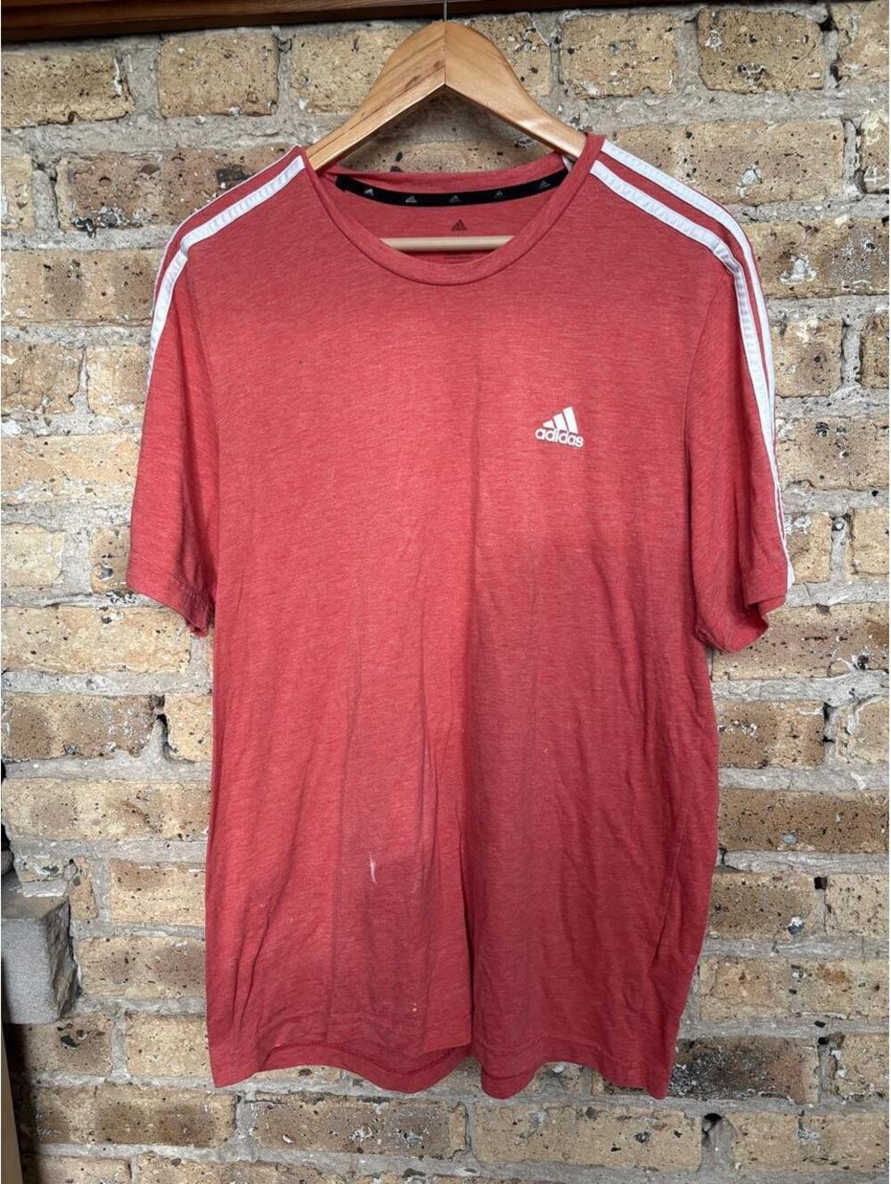 Adidas red t-shirt with white stripes on shoulders, size L #athletic #sporty